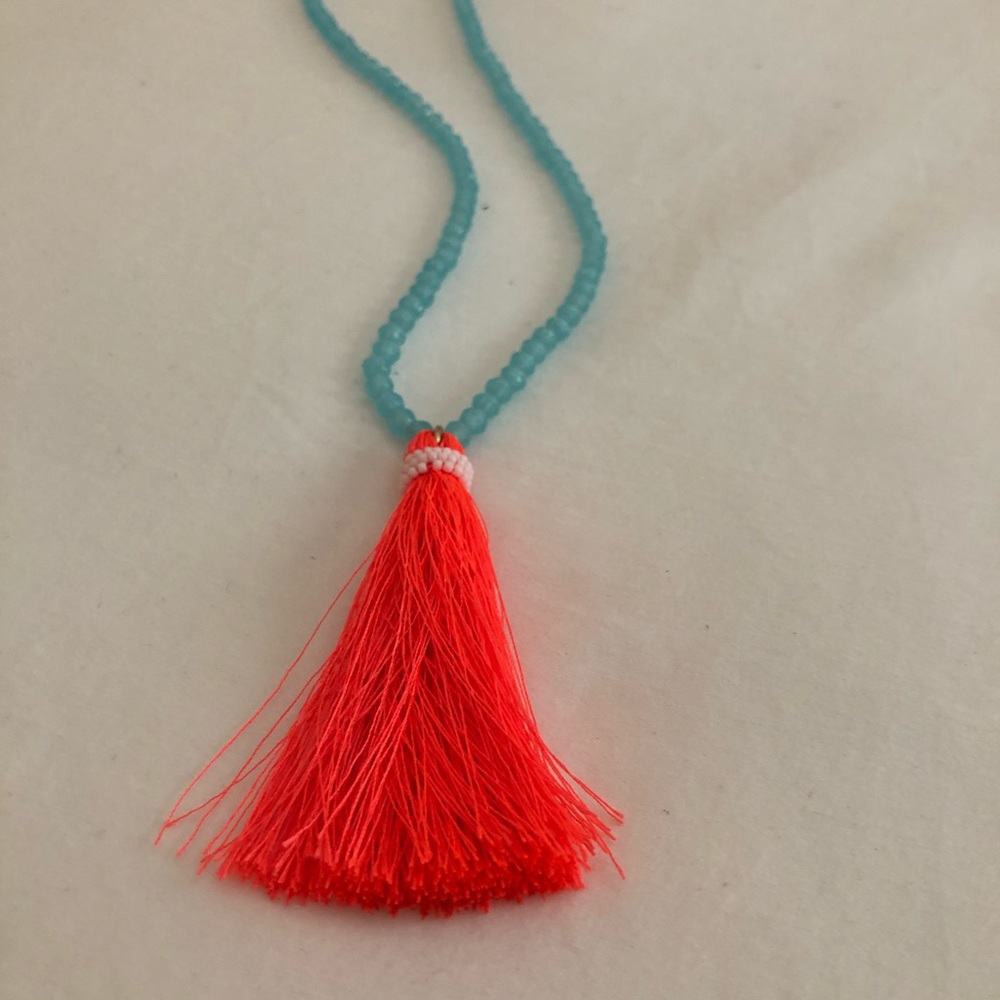 Coral Tassel Necklace with blue beads